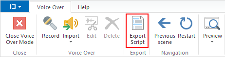 Export Script button on the Voice Over toolbar in TalkMaster.