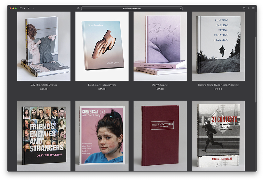 Tearsheet of Saint Lucy Book's website showing a catalog of 8 photobooks and their prices.