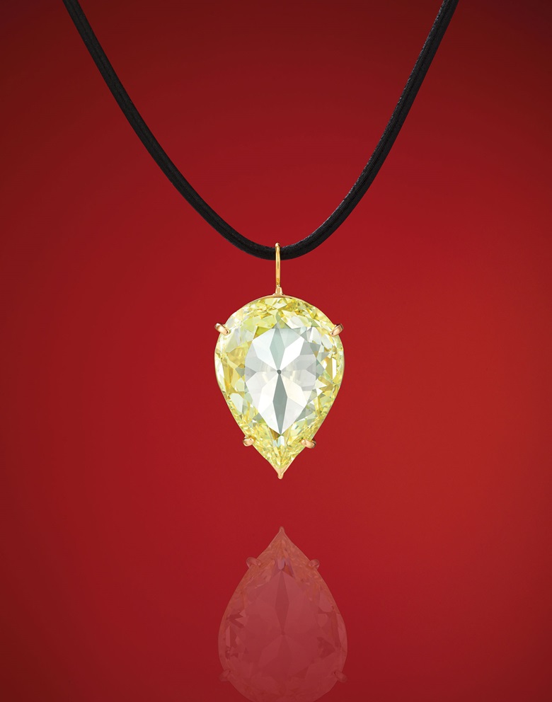 The 24.04-carat, Fancy YellowVS2 Golconda Moon of Baroda diamond. Estimate HK$4,000,000–6,000,000. Offered in Magnificent Jewels on 27 November at Christies in Hong Kong