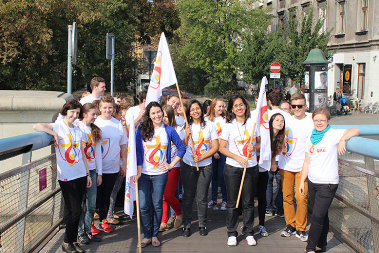 WYD's international volunteers during the filming of the WYD official song's video clip.Pictures from the preparations to World Youth Day Krakow 2016. From WYD website (krakow2016.com)