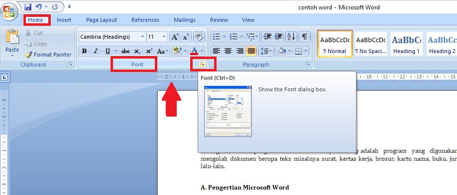 Cara Mengatur Spasi Antar Kata: Klik tanda panah di pojok kanan bawah sub menu “Font” seperti pada gambar