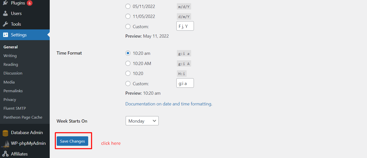 "Save Changes" option to change the wordpress admin email