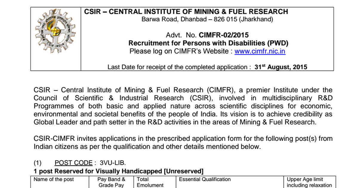 Csir Central Institute Of Mining Fuel Research Recruitment