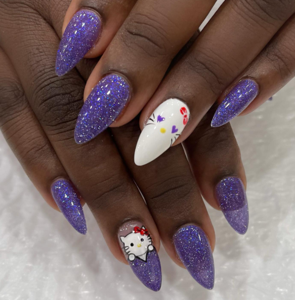 Hello Kitty With Purple Birthday Nails 
