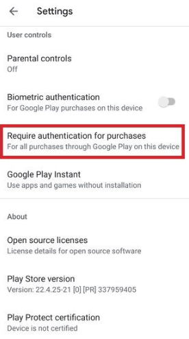 Enable authentication for purchases- 10 tips and tricks for using Google Play Store