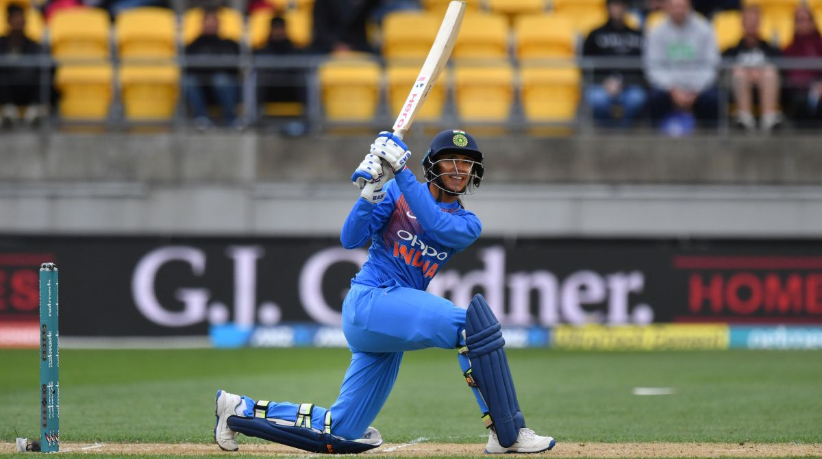 Smriti Mandhana playing a sweep in one of the T20I matches from the past