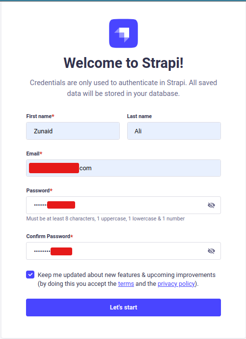 register an admin account on strapi