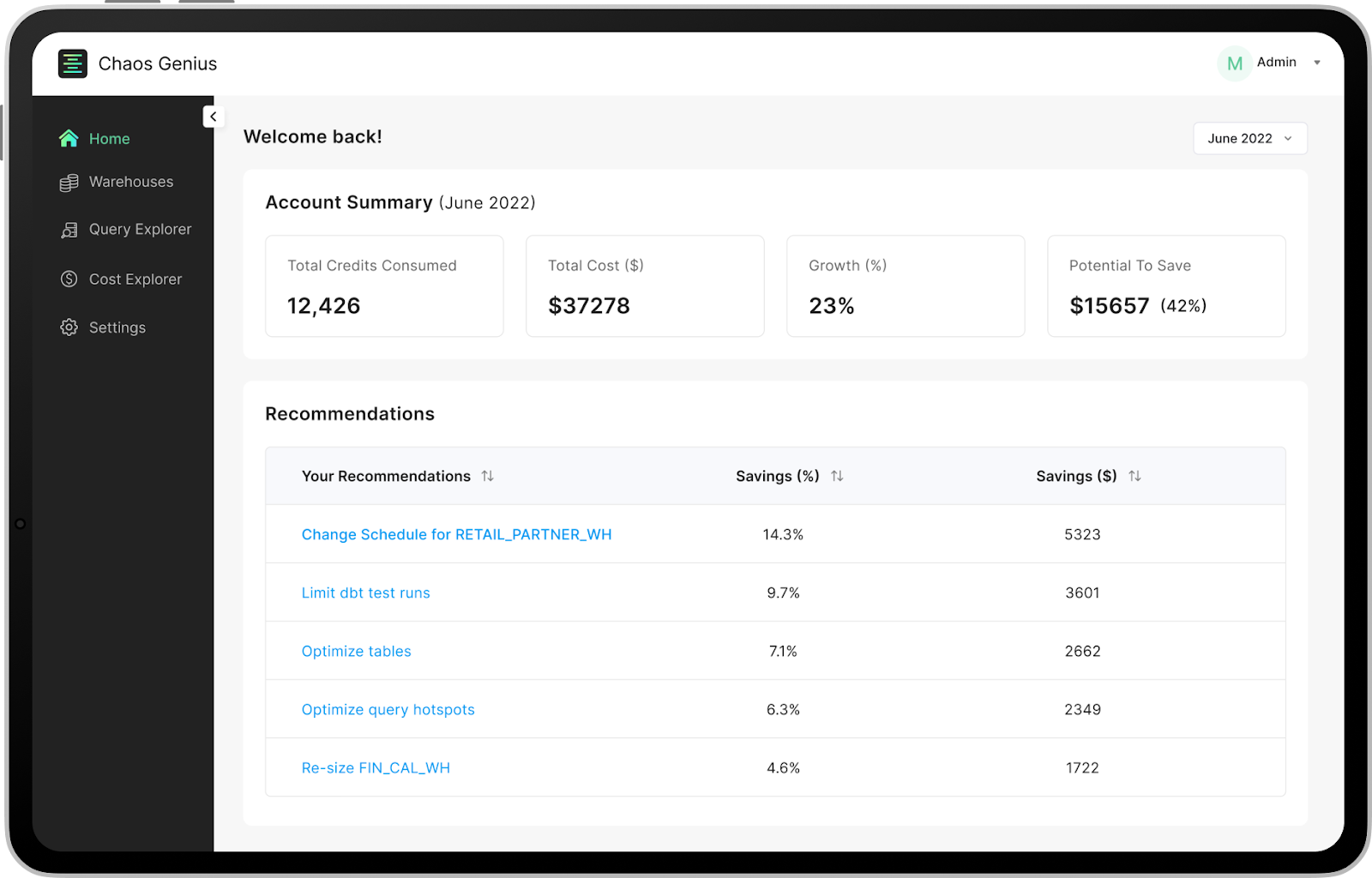 Chaos Genius dashboard - reduce Snowflake costs