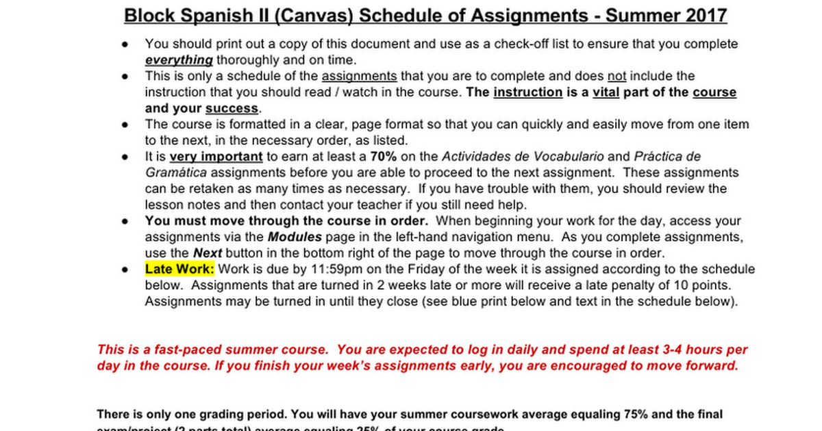 Block Spanish II Schedule of Assignments - Canvas - Summer 2017