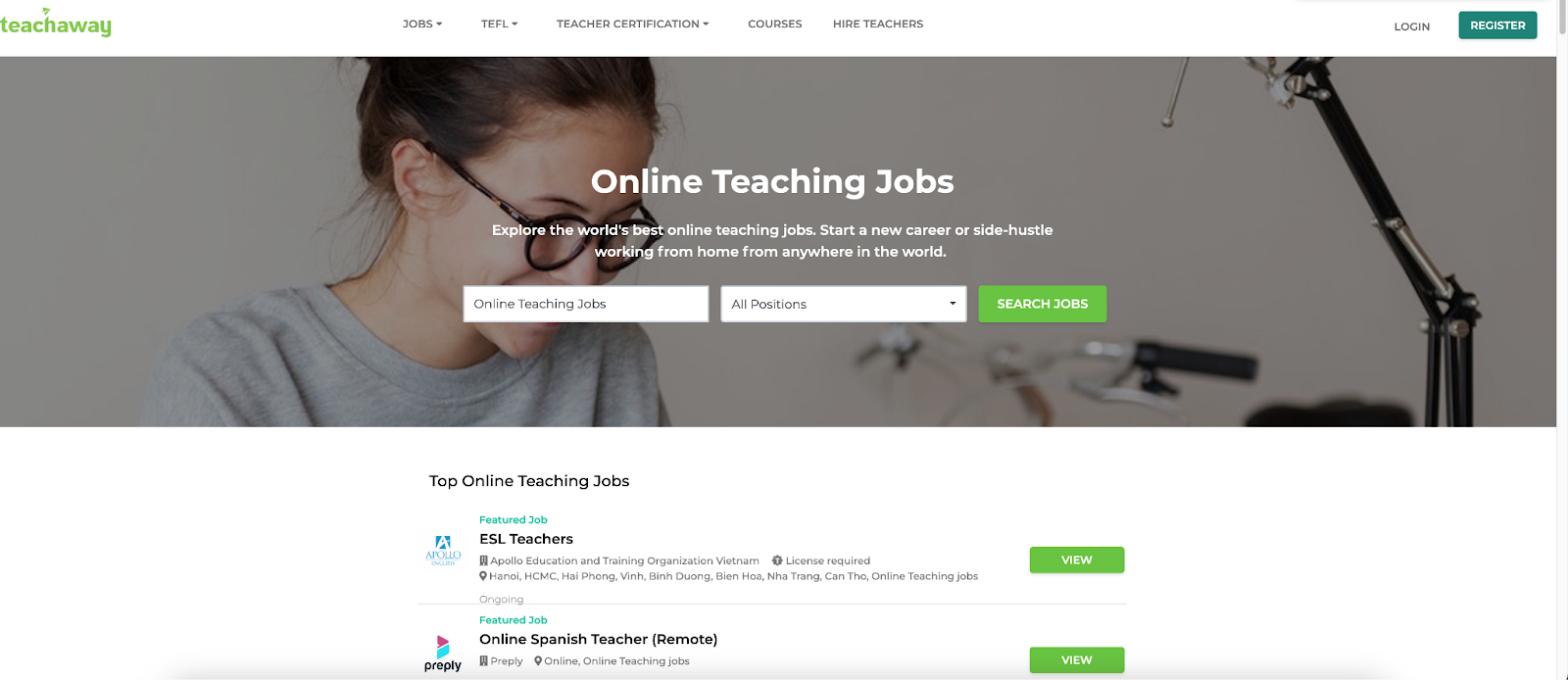 a screenshot of the TeachAway online education jobs homepage