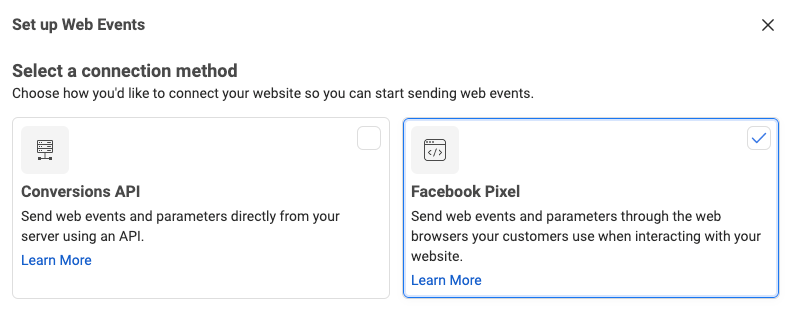 Screenshot of the Facebook Pixel button in the Web Events page
