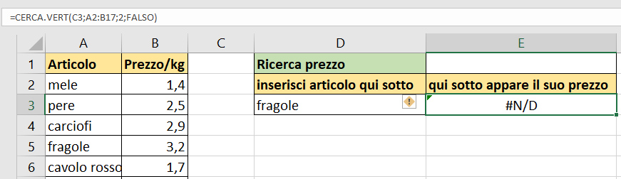 Codice errore #N/D