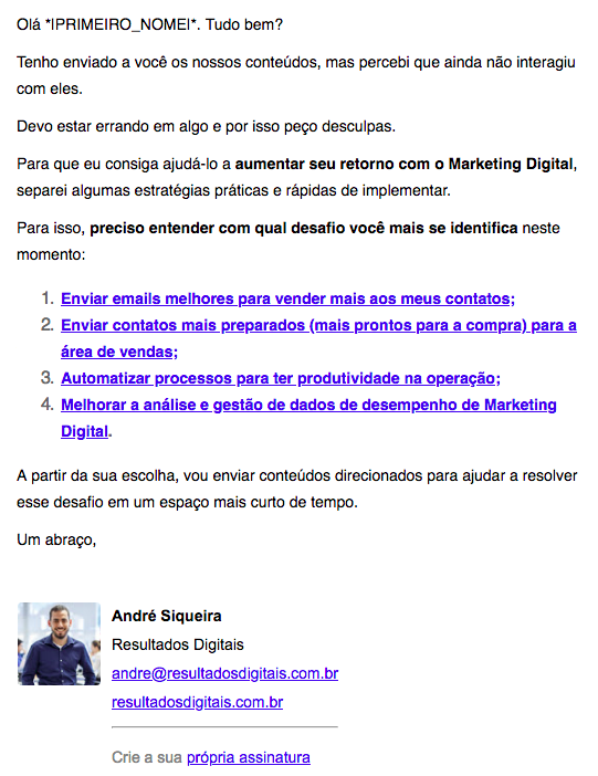 Exemplo de email da Resultados Digitais para usuário inativo.