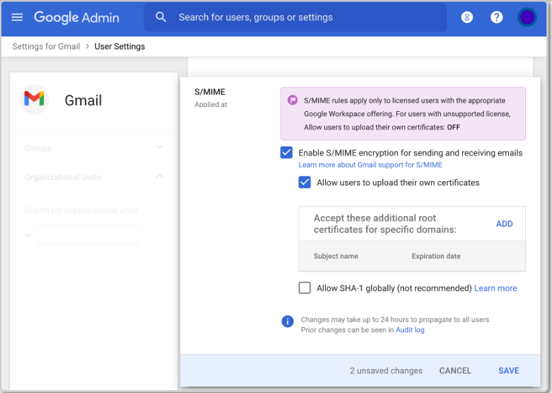 S/MIME encryption settings