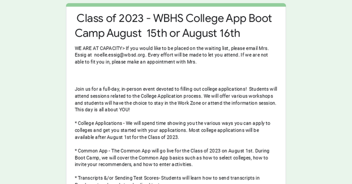 Class of 2023 - WBHS College App Boot Camp August 15th or August 16th