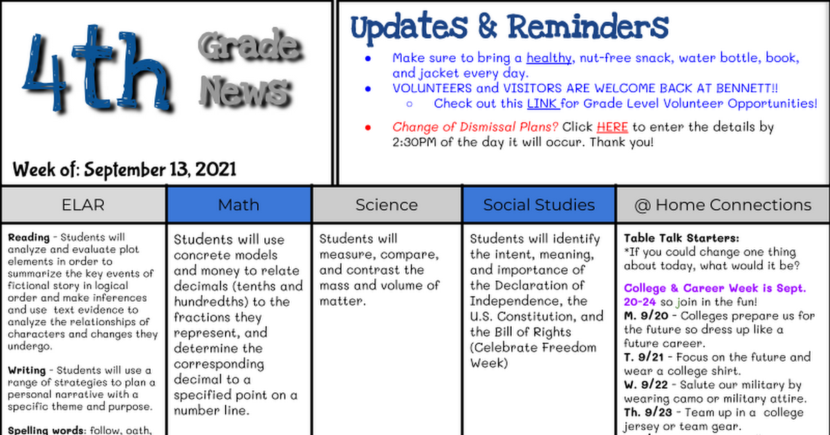 4th Grade Newsletter 9-13-21