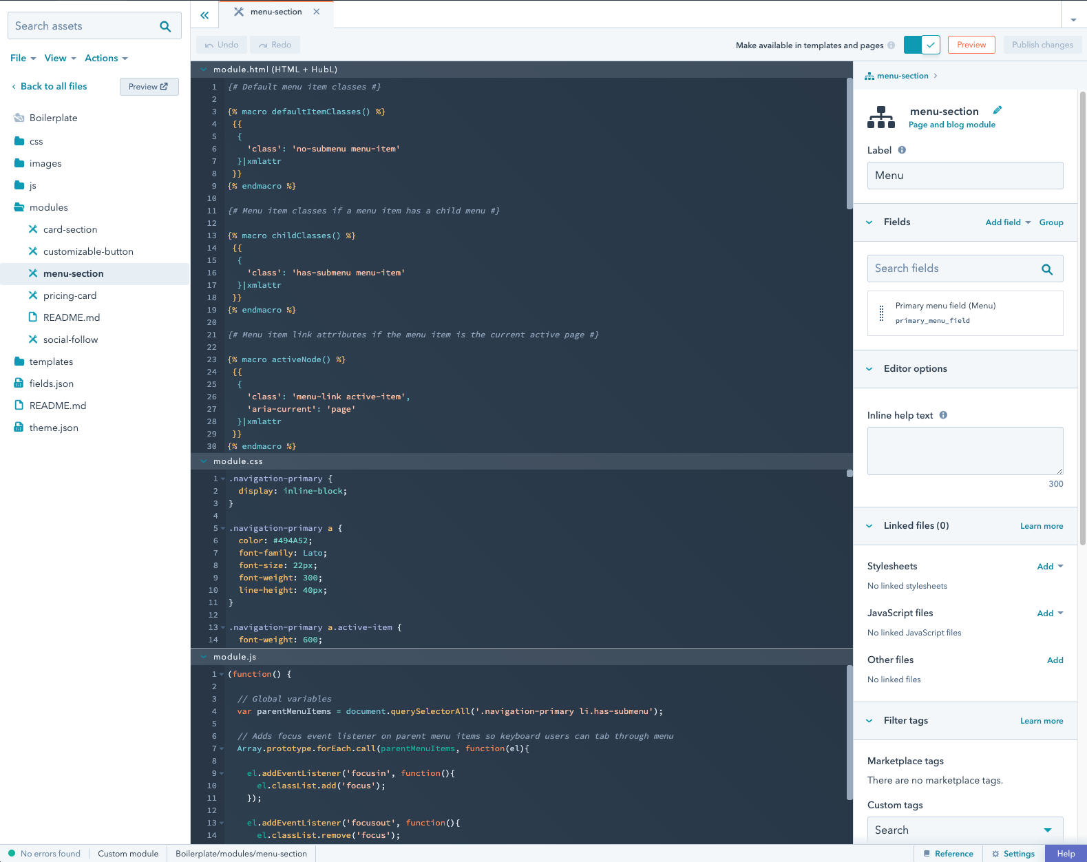 The HubSpot design manager is set up nicely for teams to toggle through when building website pages.
