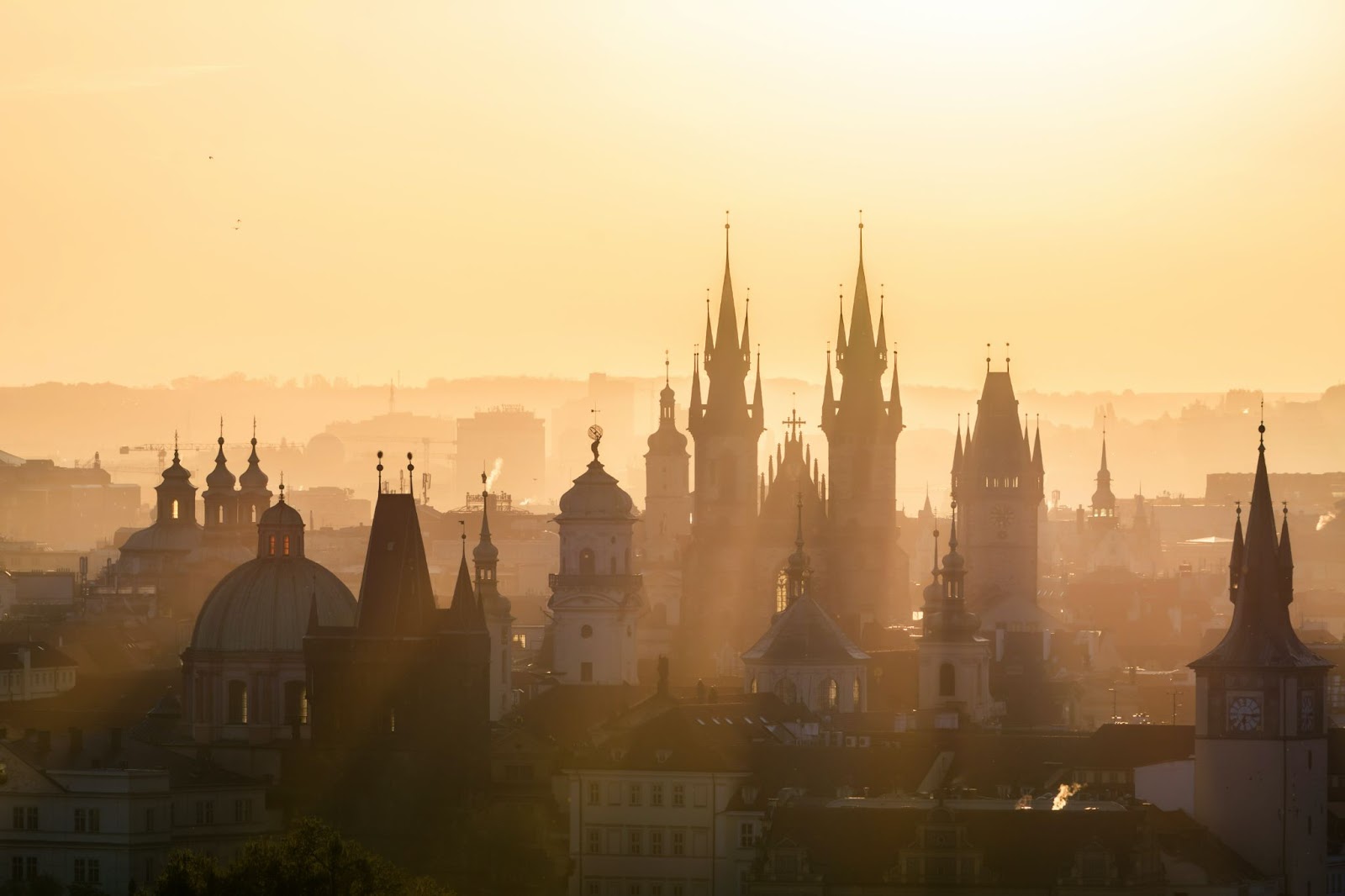 Building spires of Prague at dusk