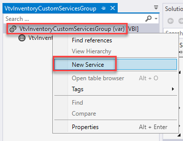 VtvInventcryCustcmServicesGrcup 
Search 
tv nventory ustom ervvces 
Vtvlnven 
Solutio 
roup var 
Find references 
View Hierarchy 
New Service 
Open table browser 
Tags 
Find 
Compare 
Properti es 
81] 
Alt + o 
Alt + Enter