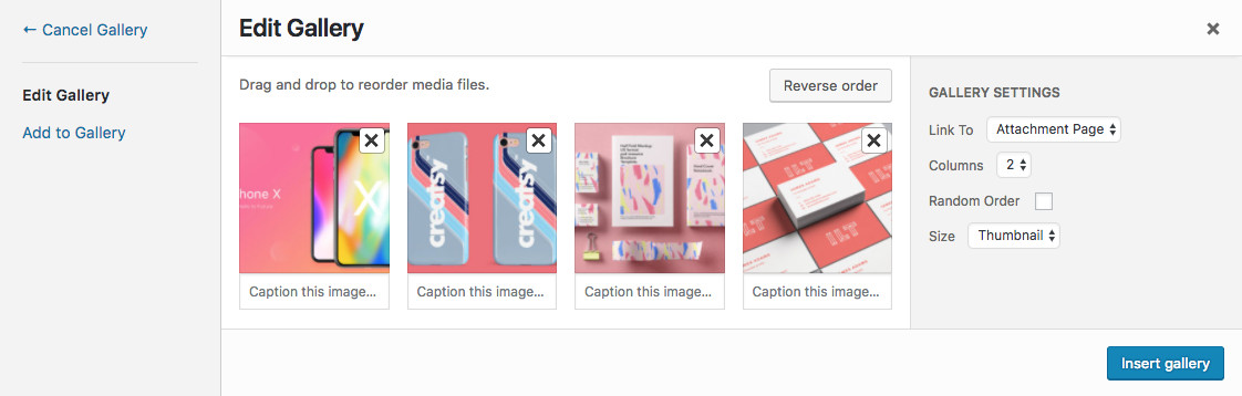 Configurações do widget da galeria do WordPress 4.9
