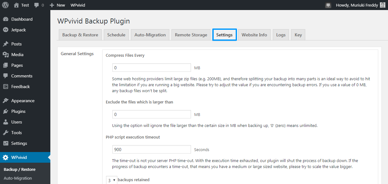 configurações wpvivid