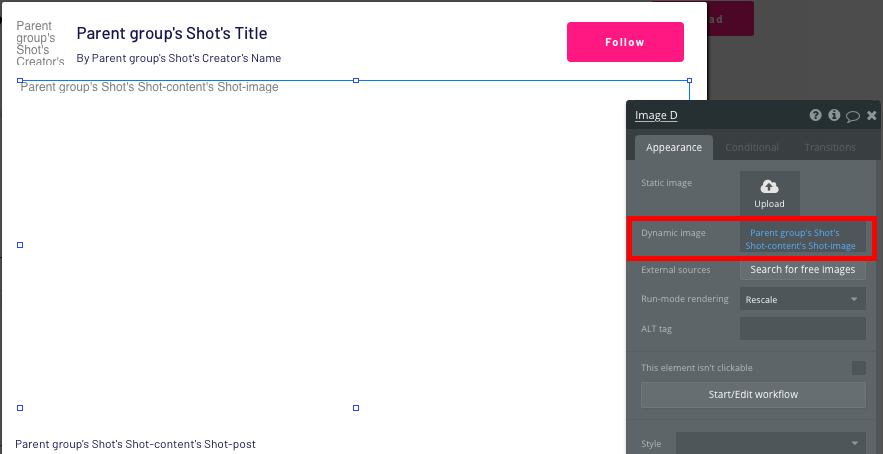 Configuring the dynamic content of a no-code Dribbble shot