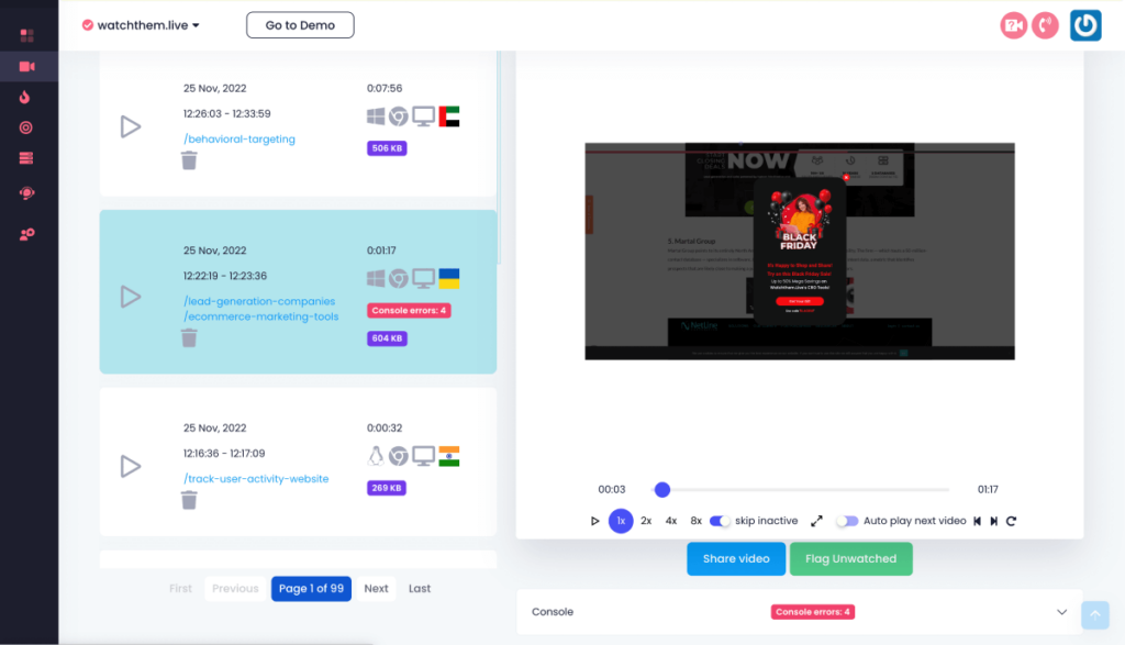 Track user activity on a website using session replays