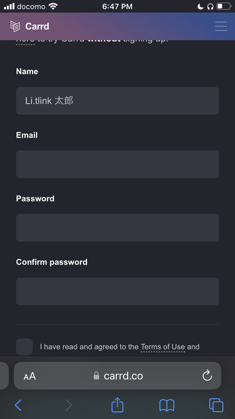 Carrd Login Screen