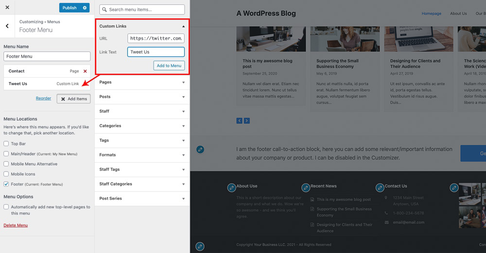 Adicionar link personalizado ao menu - Personalizador ao vivo