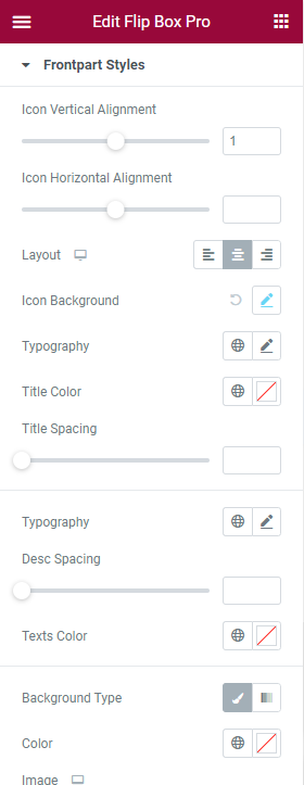 Droit Flip Box widget's front part style edit menu 