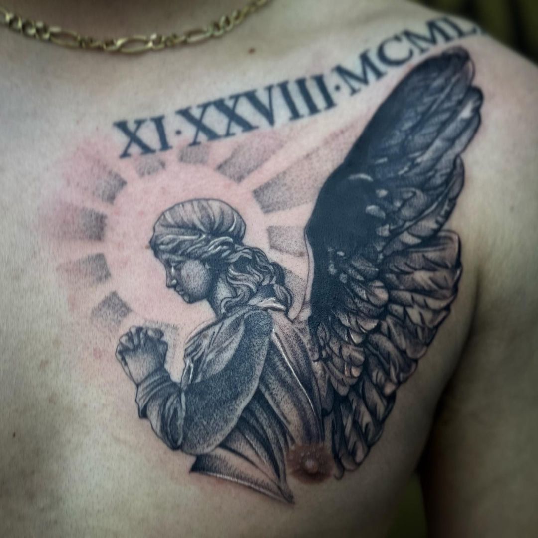 Grey Ink Angel Tattoo