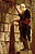 A painting of a man standing on a ladder at a large bookshelf