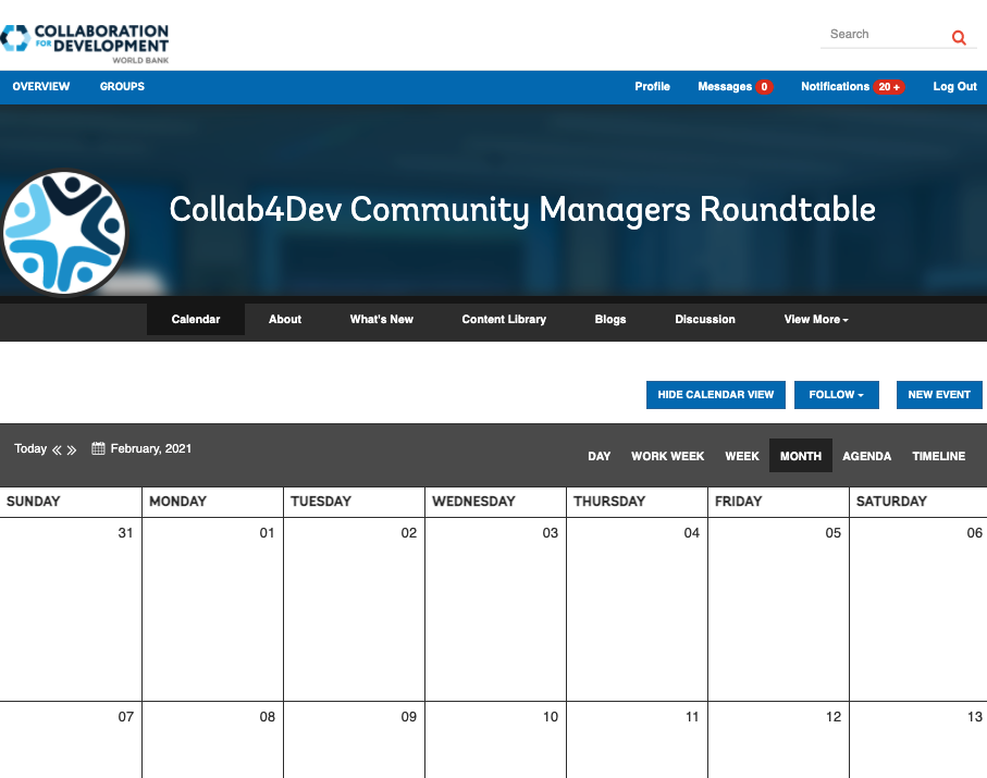 Screenshot of a blank calendar provided on the Collaboration 4 Development platform