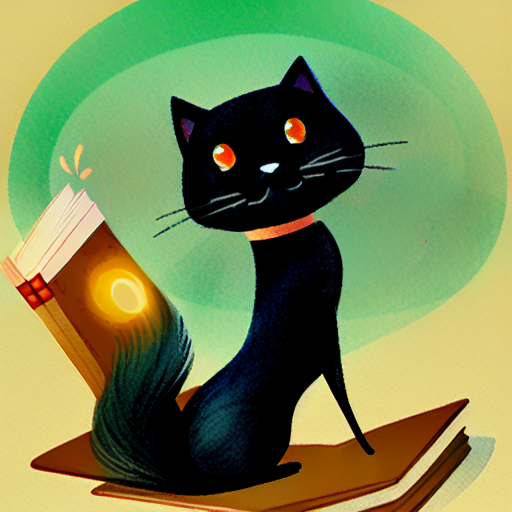 a black cat sitting on a book with another book glowing beside her.