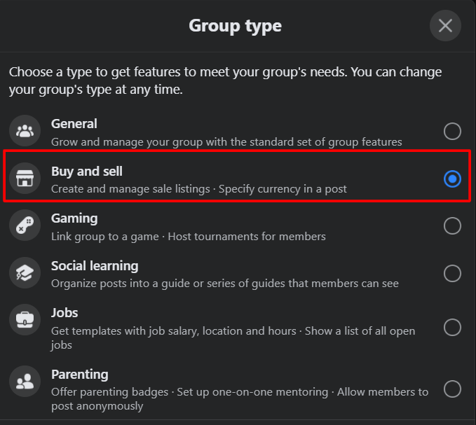 Buy & Sell Facebook group type