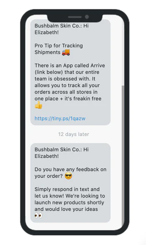 An example of an SMS notification asking for feedback by Bushbain Skin Co. 