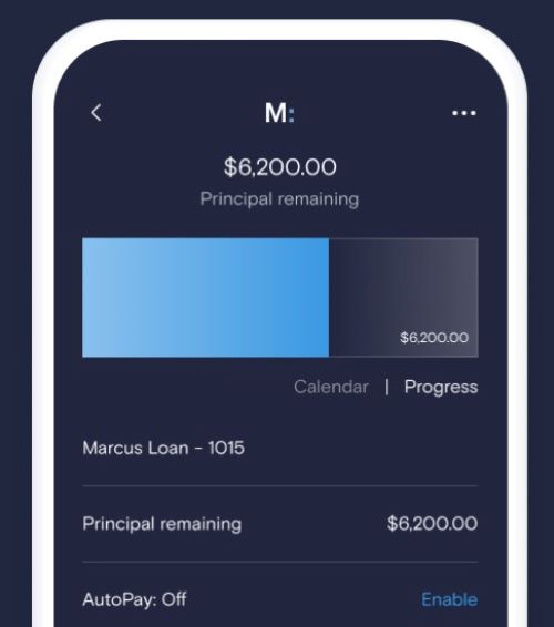 View of Marcus personal loan mobile app user dashboard. 