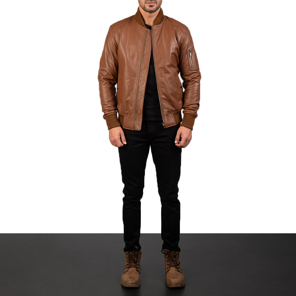 Model in Bomia Brown Leather Jacket. 
