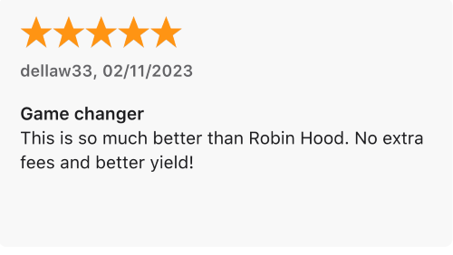 Five star customer review about the Fierce finance app having no extra fees and better yields.