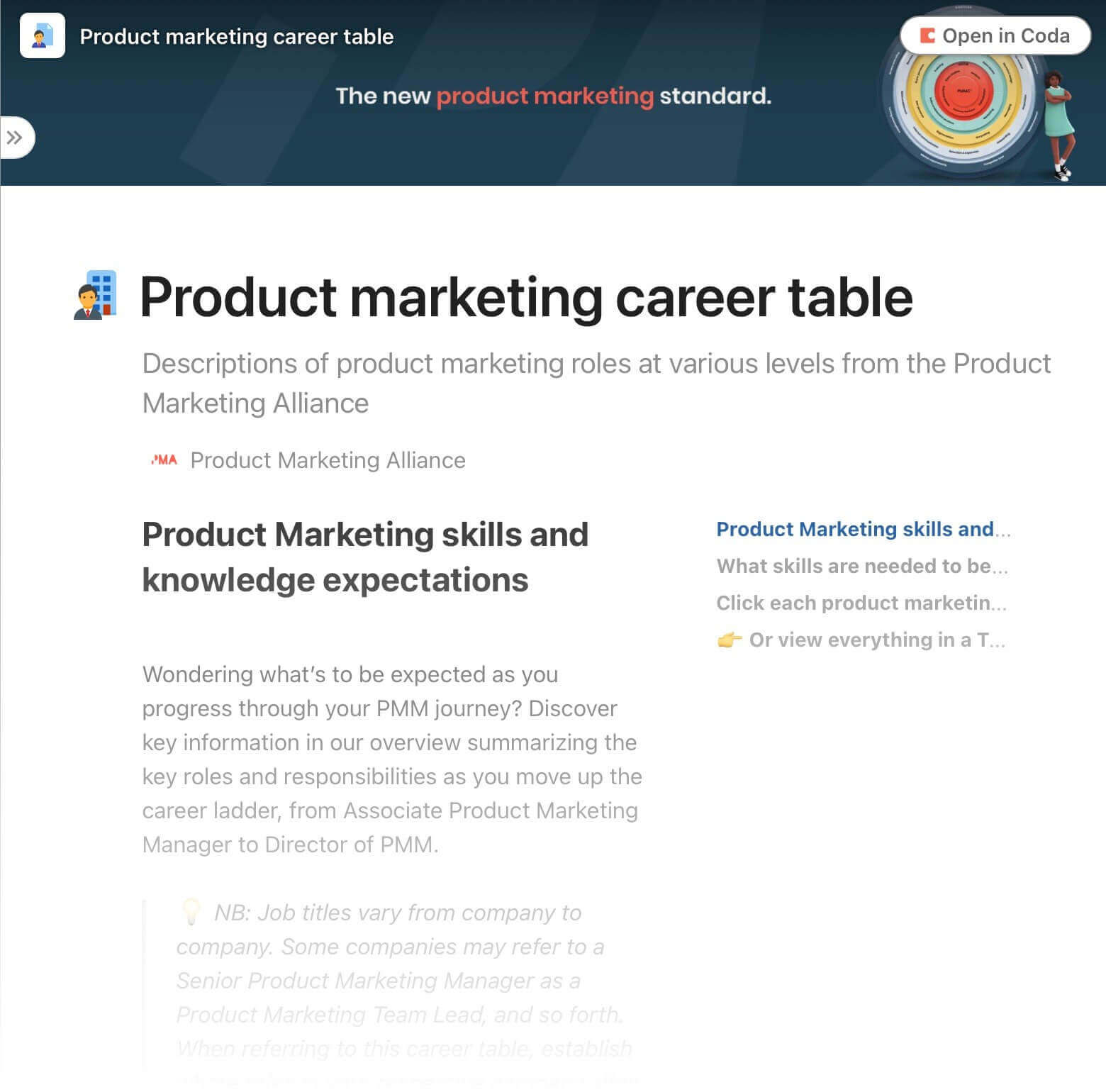 A screenshot from the product marketing career table on the Product Marketing Alliance website. It says descriptions of product marketing roles at various levels from the Product Marketing Alliance. Then, theres a subheading that says Product Marketing skills and knowledge expectations. Underneath this it says, Wondering what;s to be expected as you progress through your PMM journey? Discover key information in our overview summarizing hte key roles and responsibilities as you move up the career ladder, from Associate Product Marketing Manager to Director of PMM. 