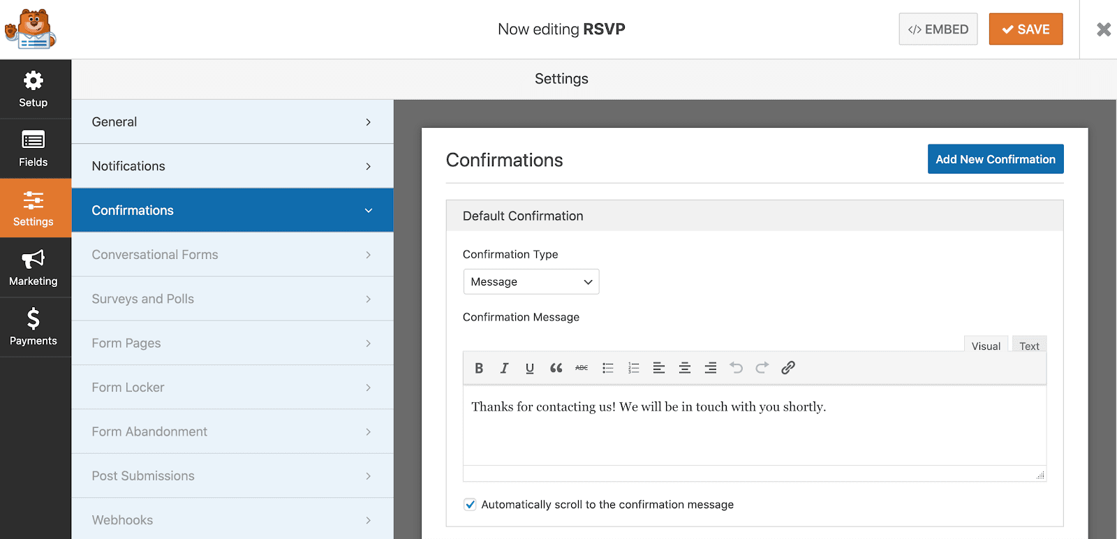 Customize confirmation message in WPForms 