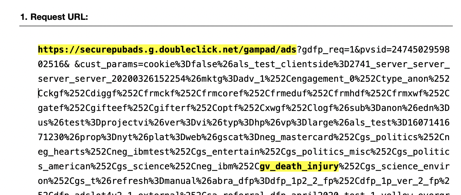 Screenshot of a network request call made to doubleclick.net, with brand safety values passed as query string parameters