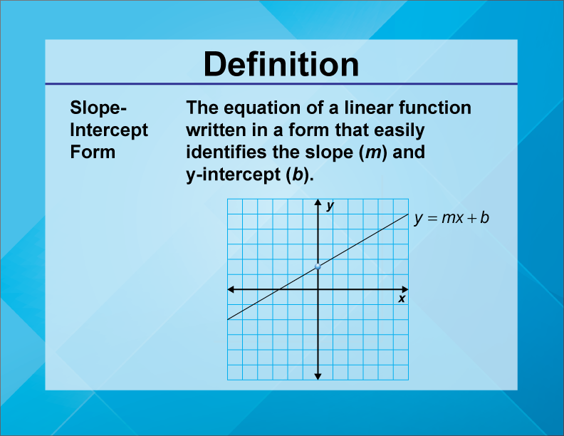 Slope-Intercept Form. The equation of a linear function written in a form that easily identifies the slope (m) and y-intercept (b).