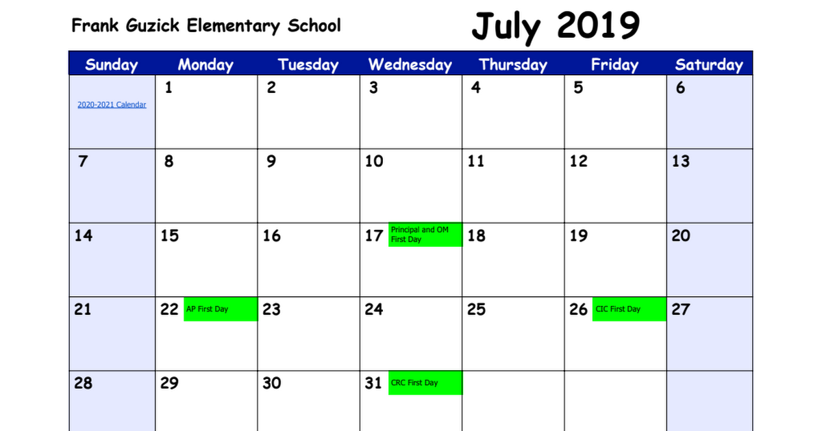 Guzick 2019-2020 School Calendar