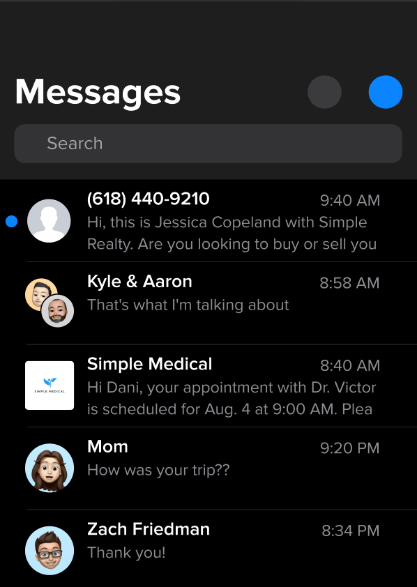 iMessage inbox with text message from a real estate agent without a contact entry