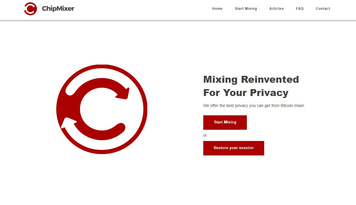 Man sieht einen Screenshot der blindmixer.com Webseite. Es zeigt Werbesprüche und einen Knopf, um mit dem Mixen von Kryptos anzufangen - Ein Bild von chipmixer.com.