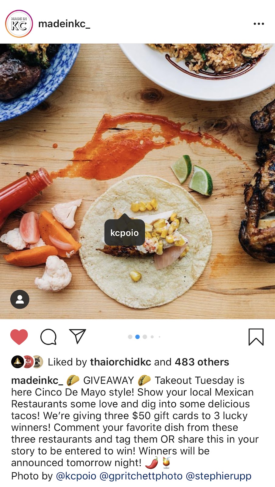 Instagram screenshot from a madeinkc_ post with a photo of tacos from kcpoio