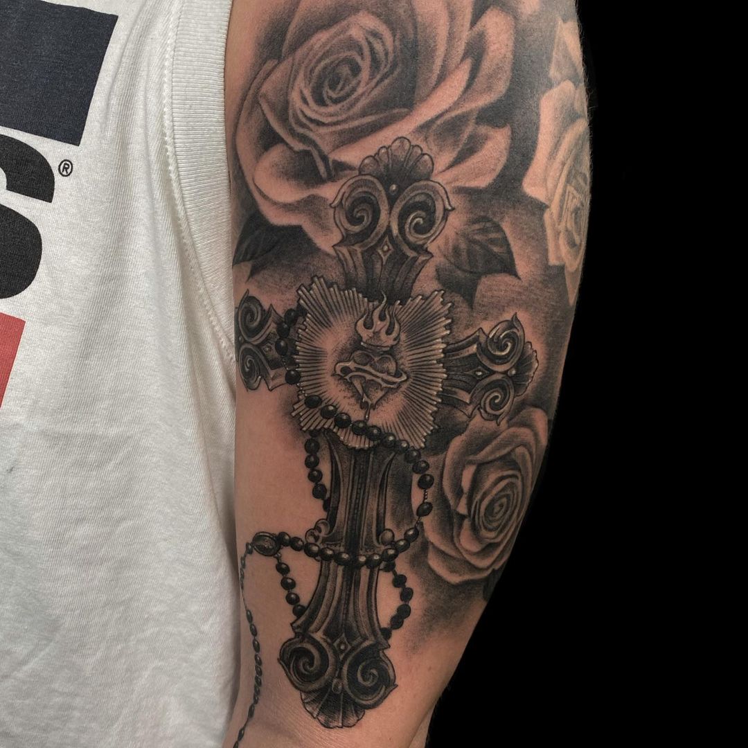Christian Rosary Cross with Rose Tattoo