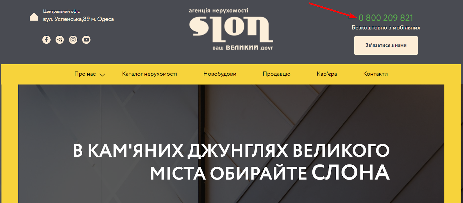 Номер 0800, агенція нерухомості слон, агенція нерухомості одеса, телефонія Ringostat, номер телефону на сайті