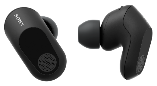 A close-up of a pair of black earbuds

Description automatically generated